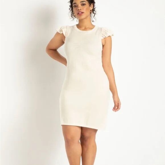 Eloquii Flutter Cap Sleeve Sheer Ivory Cream Knit Sweater Mini Dress 22 or 24 - Picture 1 of 14